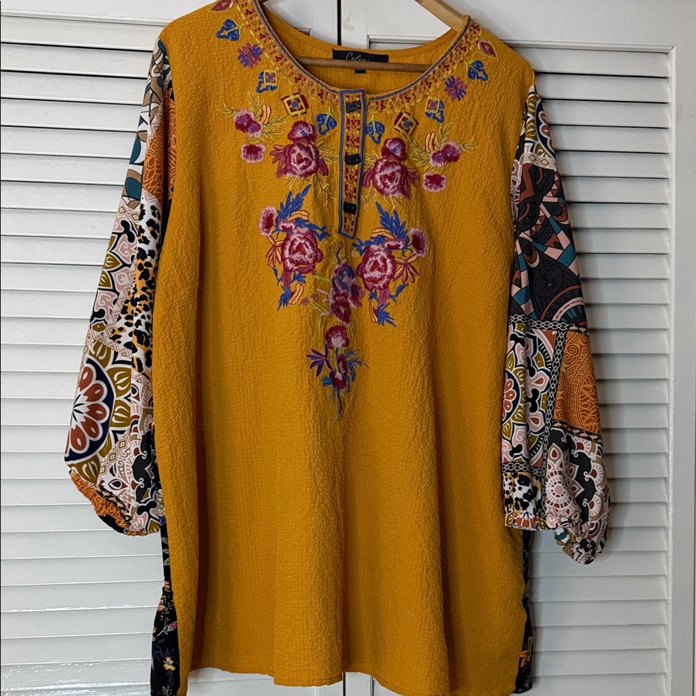 Vibrant Mustard Floral Tunic with Embroidered Details